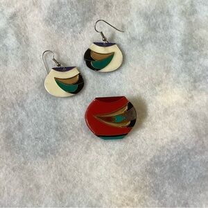 Colorful Enamel Earrings and Pin - Red, White, Teal Accents